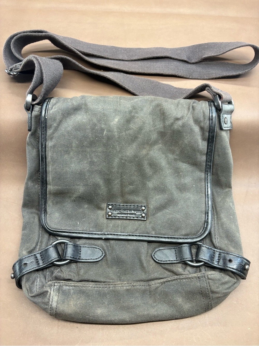 Marc New York Dark Grey Canvas Messenger Bag with Black Leather Trim